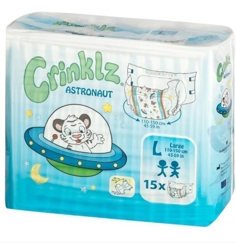 Couche ABDL Crinklz Astronaut imprimée avec astronautes et fusées, film plastique PE et absorption annoncée d’environ 5 128 ml.