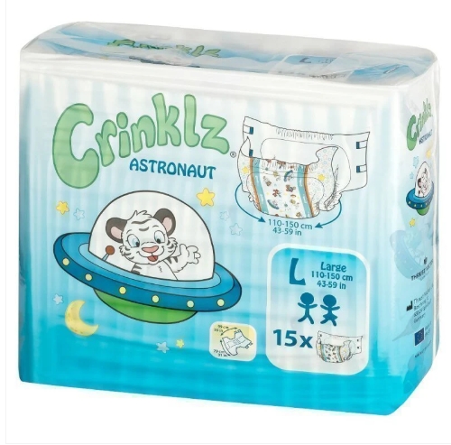 Couche ABDL Crinklz Astronaut imprimée avec astronautes et fusées, film plastique PE et absorption annoncée d’environ 5 128 ml.
