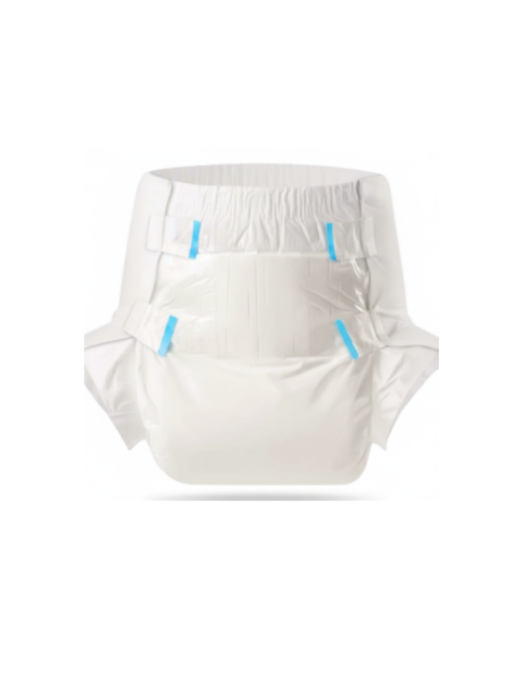 Couche ABDL Aquaworld blanche plastifiée avec film PE brillant, quatre attaches adhésives et absorption jusqu’à 6 500 ml selon la taille.