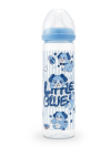 Biberon LittleForBig Little Blue bleu imprimé chien, vue de face sur fond blanc