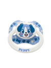 Tétine LittleForBig BabyFur Little Blue bleue avec motif chien Puppy et empreintes de pattes, vue de face sur fond blanc