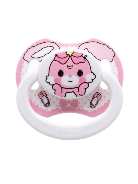 Tétine adulte LittleForBig Baby Usagi BigShield avec motif kawaii, bouclier imprimé et tétine en silicone transparente sur fond blanc.