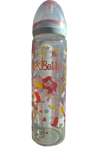 Biberon adulte Rearz Lil’ Bella de 500 ml en verre avec imprimé décoratif, tétine en silicone et bouchon rose foncé.