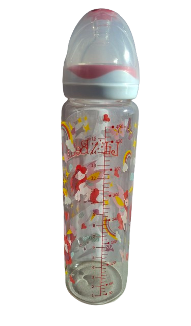 Biberon adulte Rearz Lil’ Bella de 500 ml en verre avec imprimé décoratif, tétine en silicone et bouchon rose foncé.