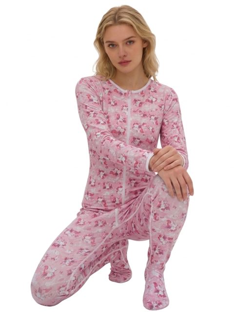 Grenouillère adulte à pieds Rearz Lil’ Bella en coton extensible avec fermeture éclair sur le devant.